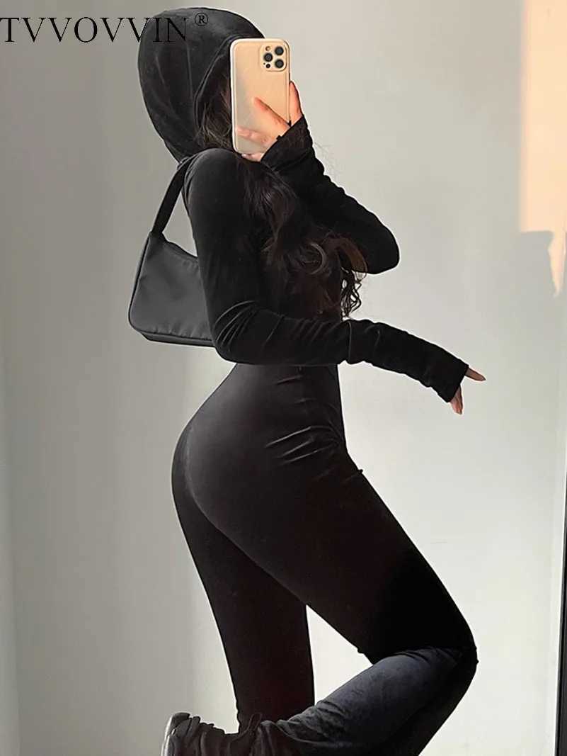 TVVOVVIN Fashion Black Velvet Slim Hooded Zipper Long Slve Flare Pants Jumpsuit Rompers Korean Sexy Hot Tops 2023 9P64 X250318