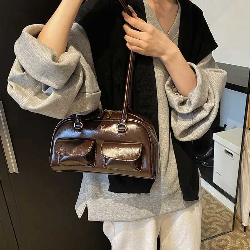 LEFTSIDE Small PU Leather Double Pockets Underarm Bags for Wen 2024 Winter Y2K New Korean Women Shoder Tote Bag Handbags Y250318
