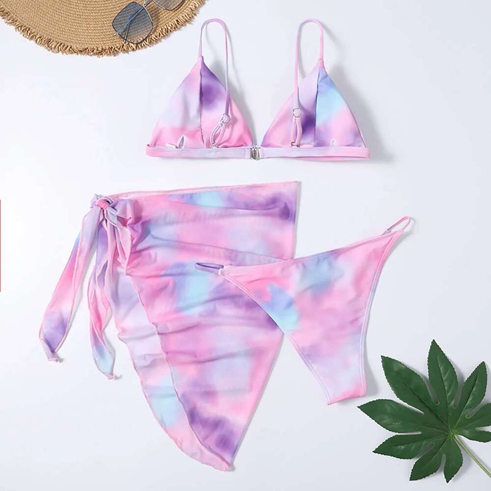 Women's slit tie dye printed high waisted bikini, mesh skirt, 3-piece swimsuit, cute