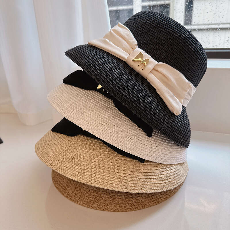 Summer Korean style top women's bow temperament, grass protection beach, sun basin hat, trendy