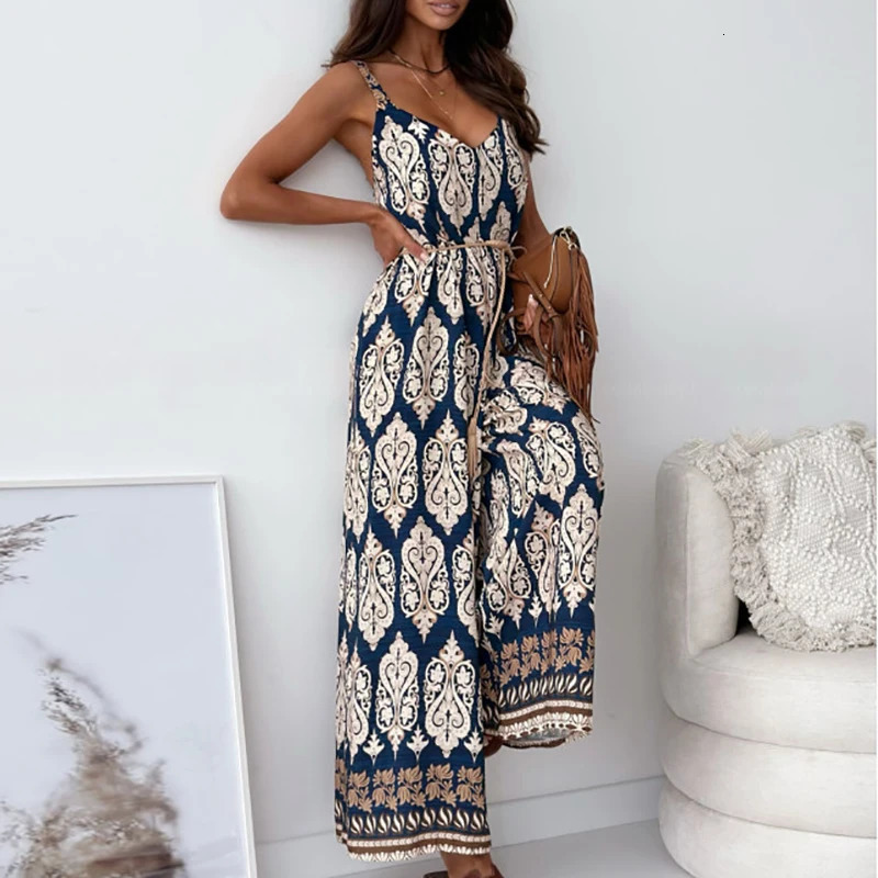 Fashion V Neck Suspender Bohemian Romper Casual Streetwear Loose Playsuit Retro Pattern Printed High Waist Womens Jumpsuit 250314