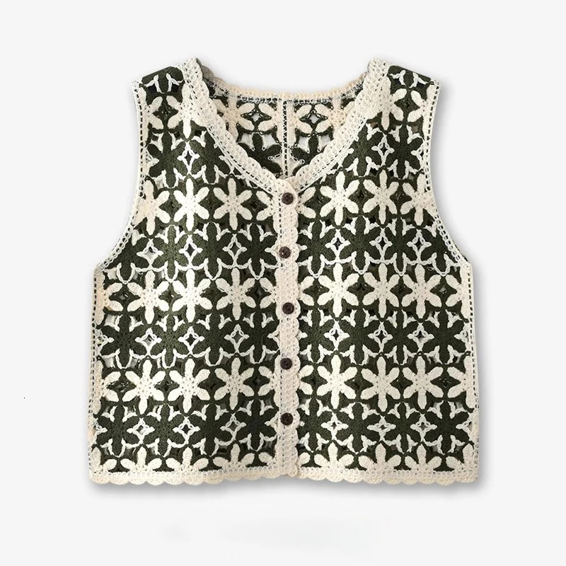 Floral Crochet Waistcoat Top for Women Sheer Open-knit Button Front Sleeveless Vest Top Teen- Summer Boho Vacation Outfit 250318