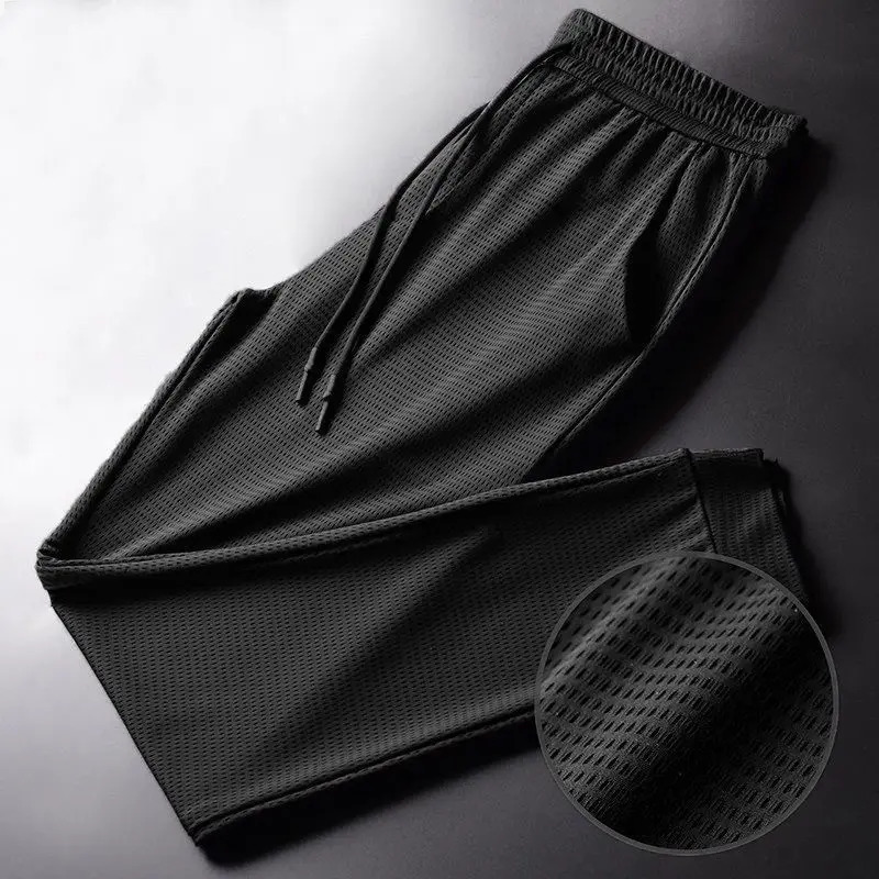Mens Summer Ice Silk Pants Mesh Breathable Casual Thin Quick Dry Pants Loose Elastic Beam Feet Pants Sports Fitness Pants 250318