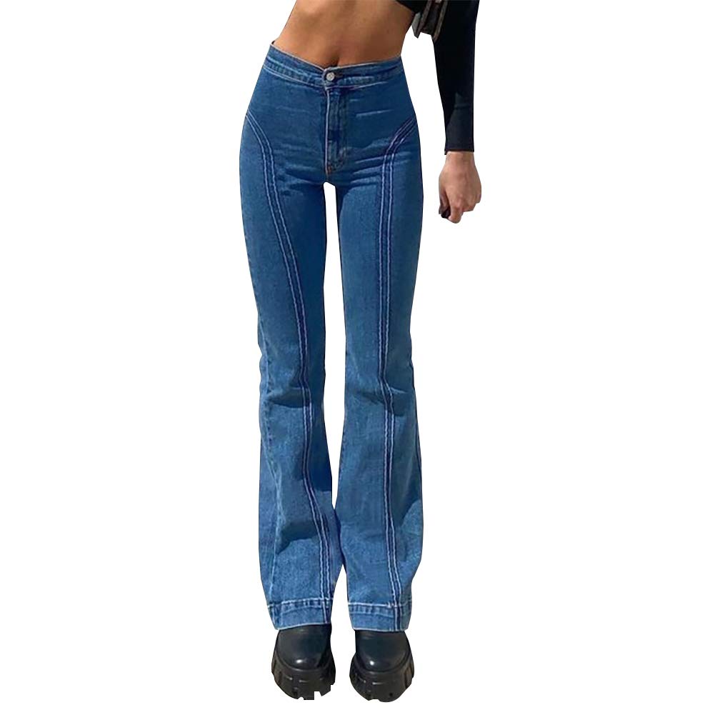Women's Bell Bottom High Waisted Pull On Skinny Straight Fit Flare Denim Jeans