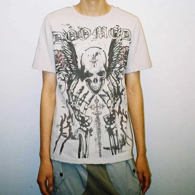 Retro skull large pattern short sleeved T-shirt street dark punk Y2k 90s Harajuku round neck oversized loose topXJ250318