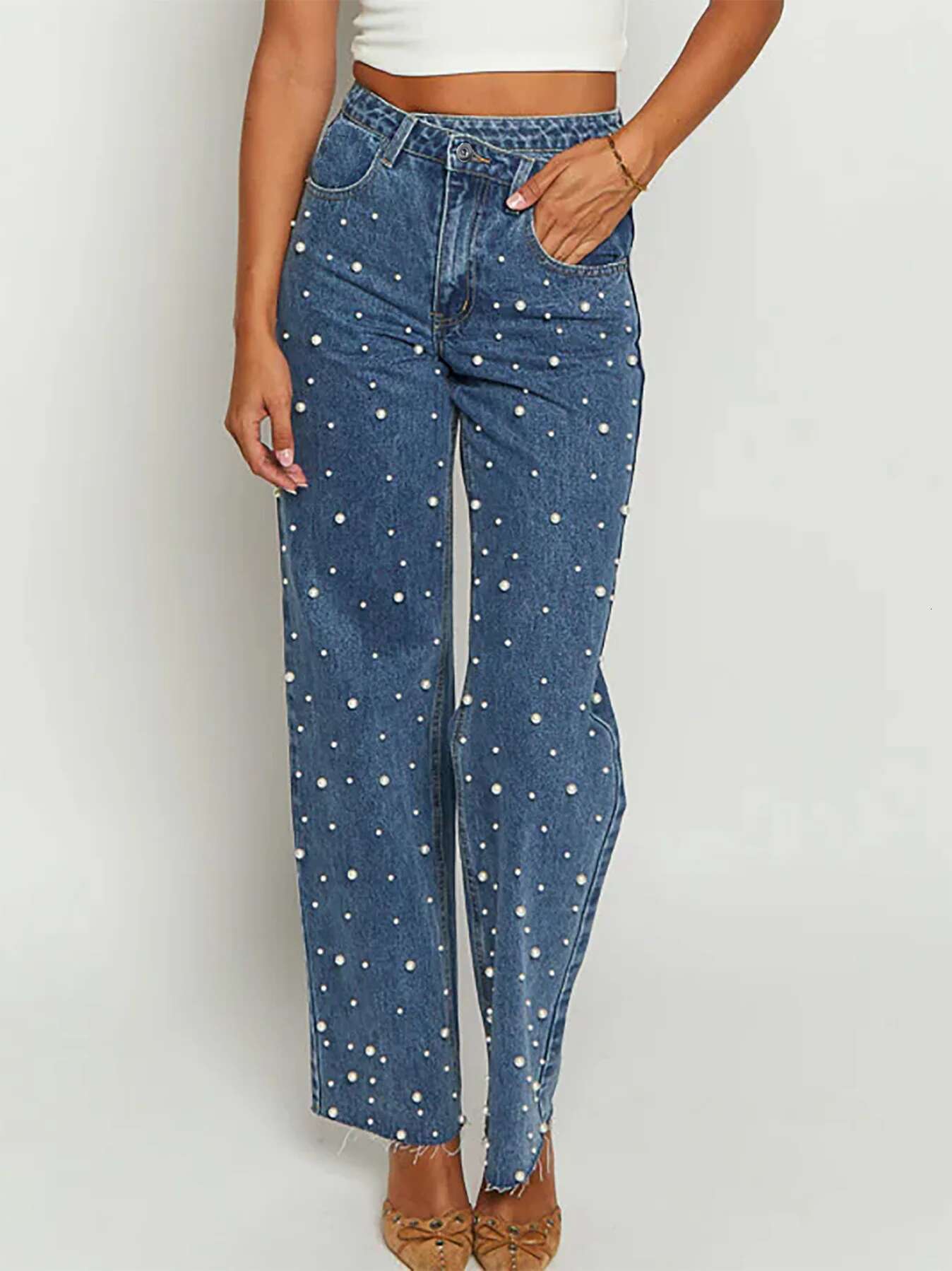 Lcchee Y2k Slanted Waist Cross Vintage Beaded Straight Burrs Denim Trousers Jeans Women