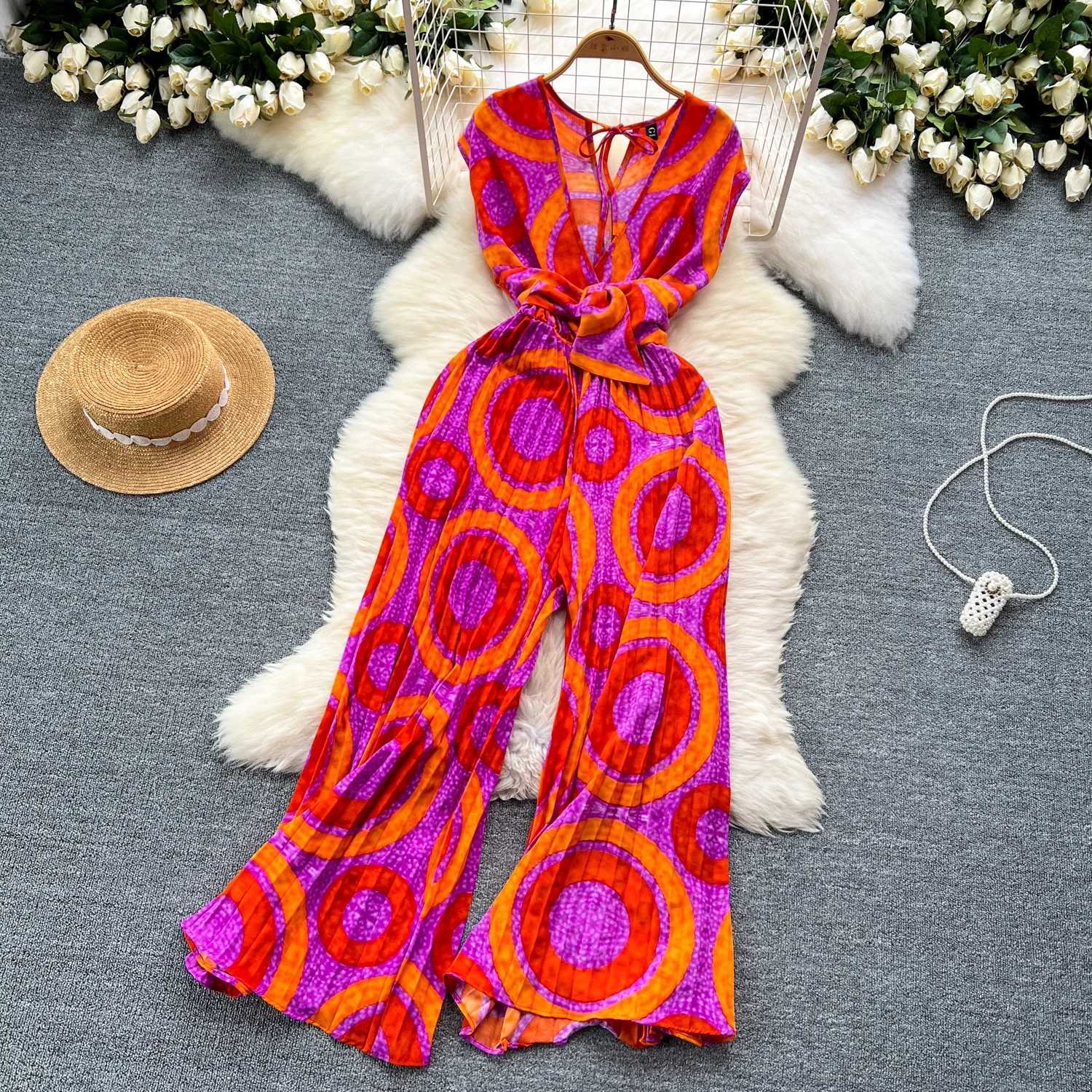 2024 Summer Elegant Womens Abstract Printed jumpsuit Fashion T-shirt Wide Leg Waiver Strapless X250318