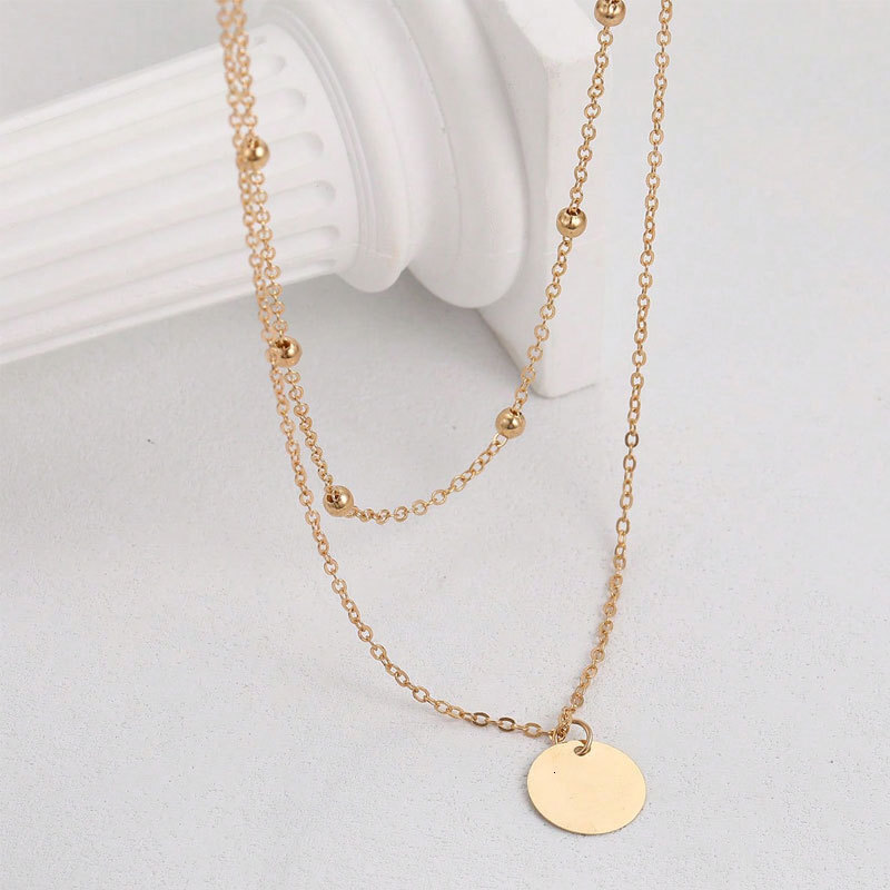 Bead Chain Double Circle Pendant Necklace Women's Multi-layer Choker Collarbone Chain Jewelry