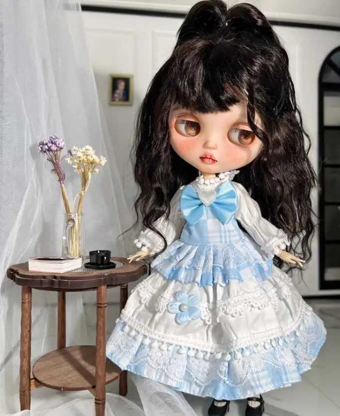 1 piece of vintage style clothing blythe doll outfit blue bow one piece dress 1/6 30cm (suitable for Pullip Ob22/24/26 Licca) X250318