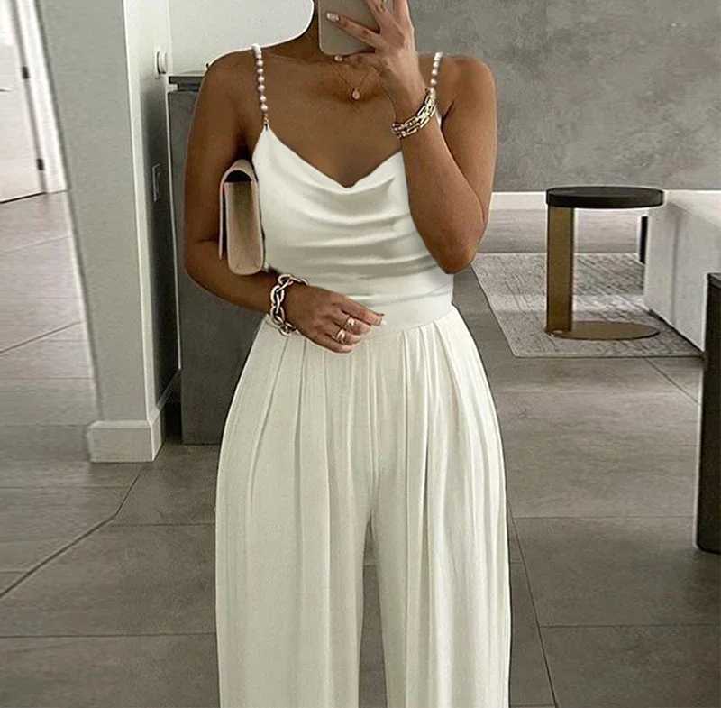Sleveless Jump Suits for Women Strtwear 2023 Autumn Pearl Pendant Wide Leg V-neck Backless Pants Womens jumpsuit X250318
