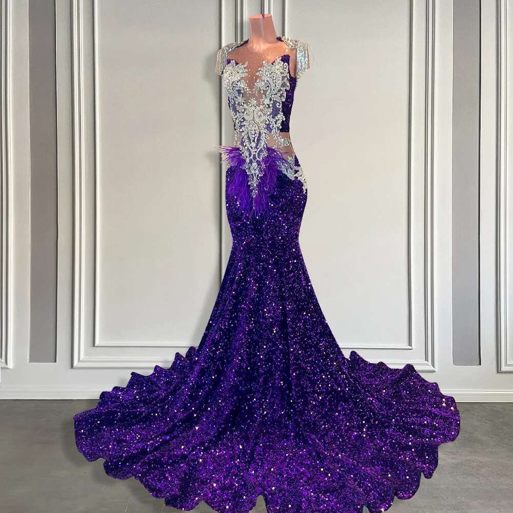 Long Purple Sequin Dresses 2025 For Black Girls Cut Out Beaded Crystal Feather Mermaid Prom Gala Gowns Customized Dr0318
