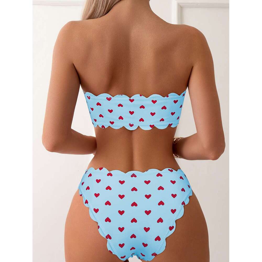Heart Pattern Bandeau 2 Piece Set Bikini, Tube Top Scallop Trim Tie Front High Cut Swimsuits, Valentine's Day Women's Swimwear & Clothing