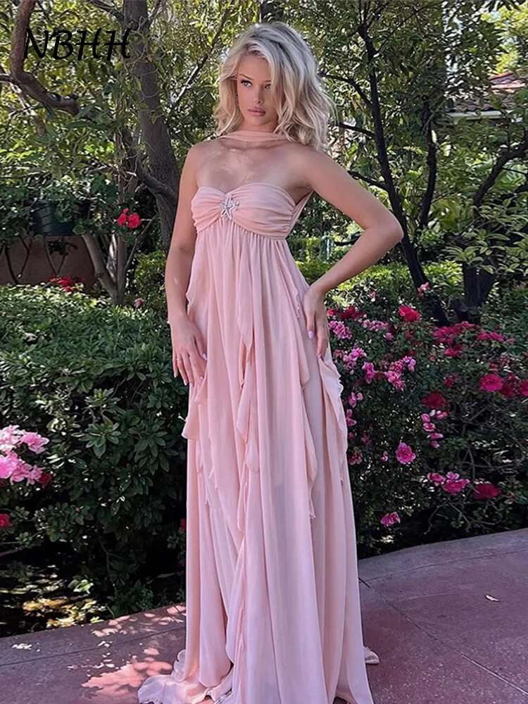 Pink Elegant Strapless Long Dresses Women Sleeveless Backless Off Shoulder Dress 2025 Spring Summer Vacation Ruffles Robes