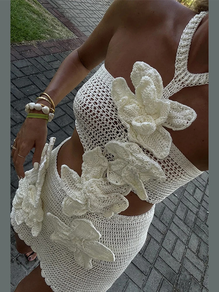 Beach Knit 3d Flower Dress Women Sleeveless Halter Sexy See Through Female Dresses 2025 Spring Summer Hollow Out Holiday Robes 250318