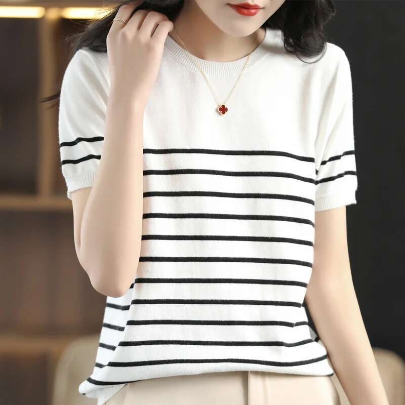 100% Pure Cotton T-Shirt Women's Knitted Striped Short Sleeved Casual Round Neck Tees Summer Basic Loose Tops Versatile