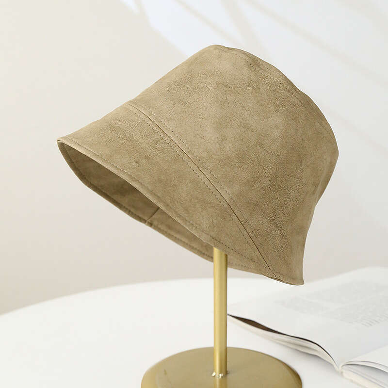 PU leather fisherman for women in spring and autumn, big head circumference, bucket hat, plain covering, face highlighting, small basin hat