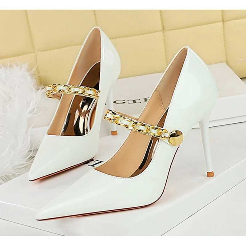 BIGTREE spring metal decorative chain text pump elegant buckle strap thin H party shoes Zapatos unprinted good product Y250317