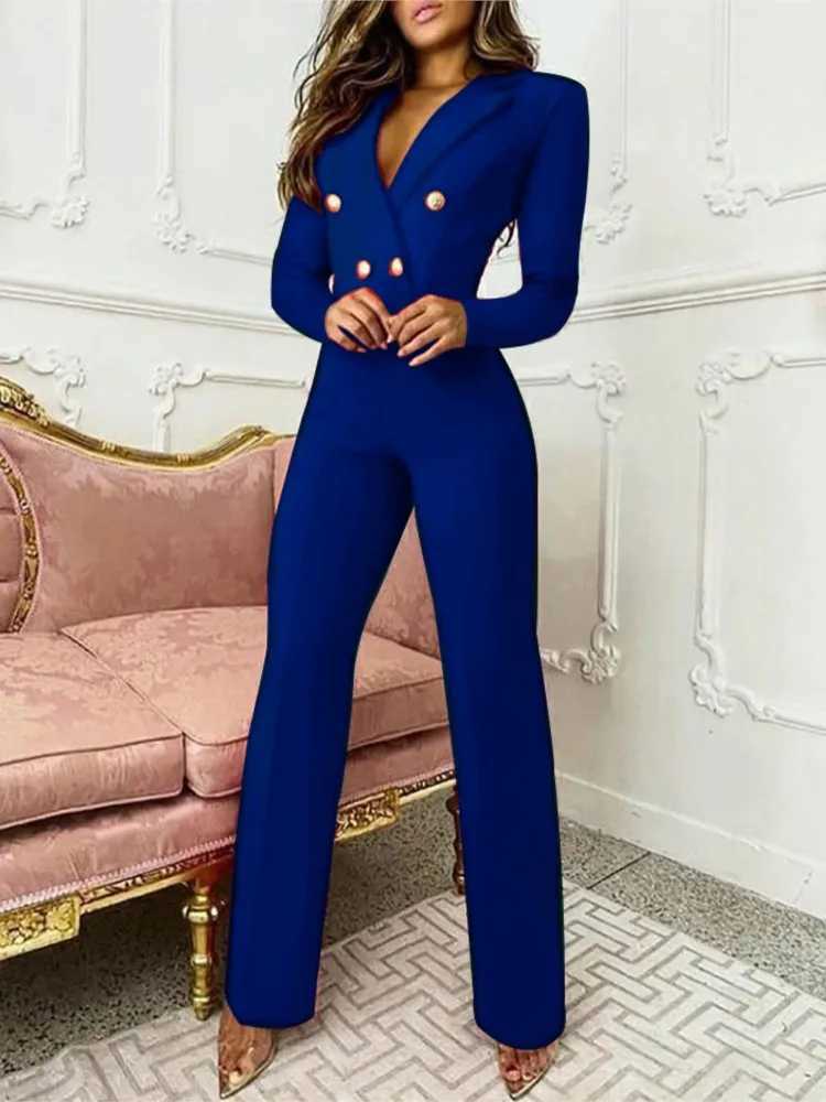 New solid color set collar long Slve womens jumpsuit autumn fashion button simple ultra-thin office womens jumpsuit X250318