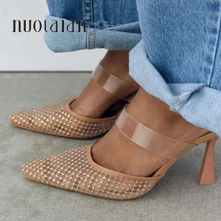 Woman Sandal Sexy Rhies Mesh Pointed Toe Sgback Brand Elegant Party High Heels Shoes For Lady Summer Footwear