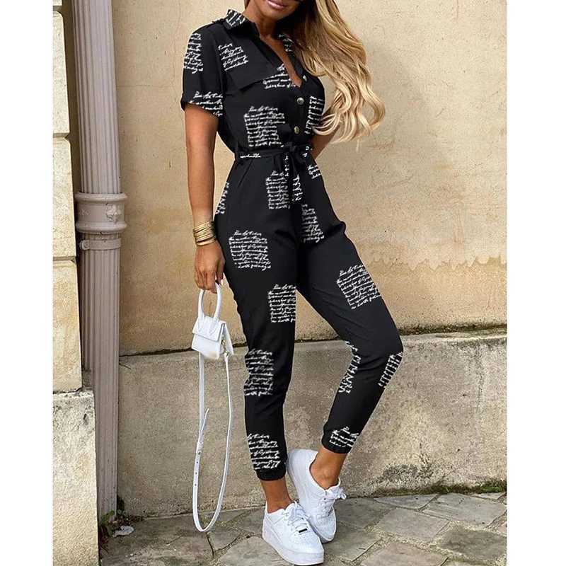 Letters Printed Black Casual Short Slve Cargo Long Pants Jumpsuits With Belt Women Summer Half Button Female Overalls Jumpsuit X2503181