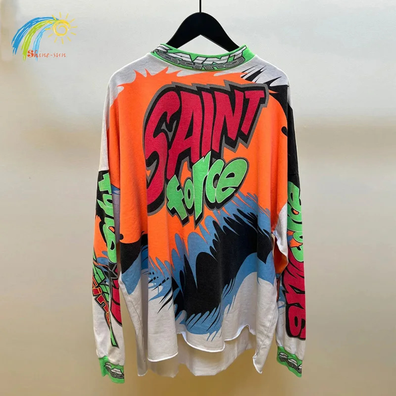 Quality Cotton Racing Style Oversized T Shirt Men Women Vintage Color Blocking Graffiti Saint Micheal Long Sleeve T-Shirt 250318