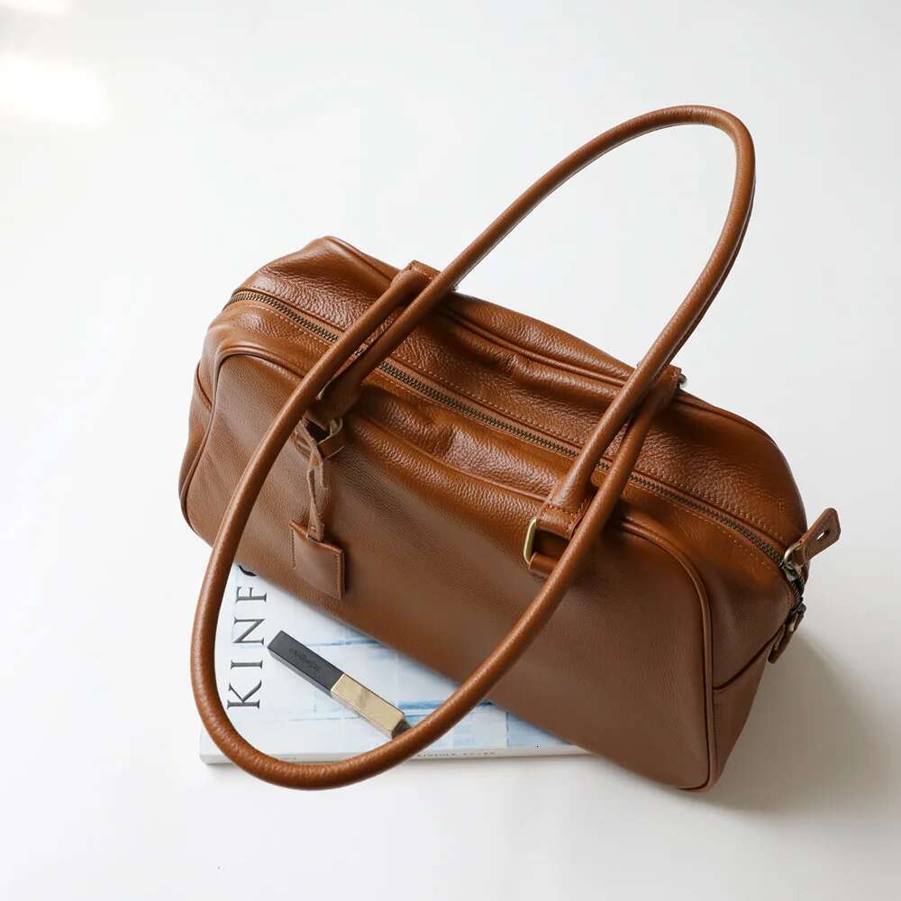 New Winter Genuine Women Large Retro Bags 2024 Cowhide Leather Commute Handbags High Quality Simple Shoulder Bag Brown