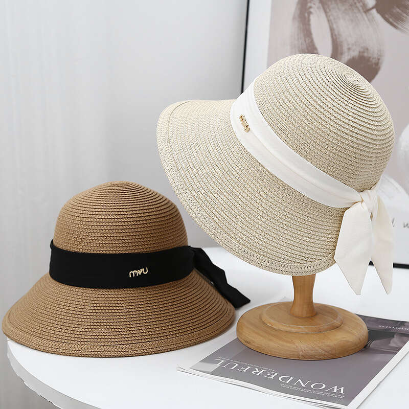 Large eave shading fisherman women, summer woven breathable bow grass for traveg on the beach, sun protection basin hat