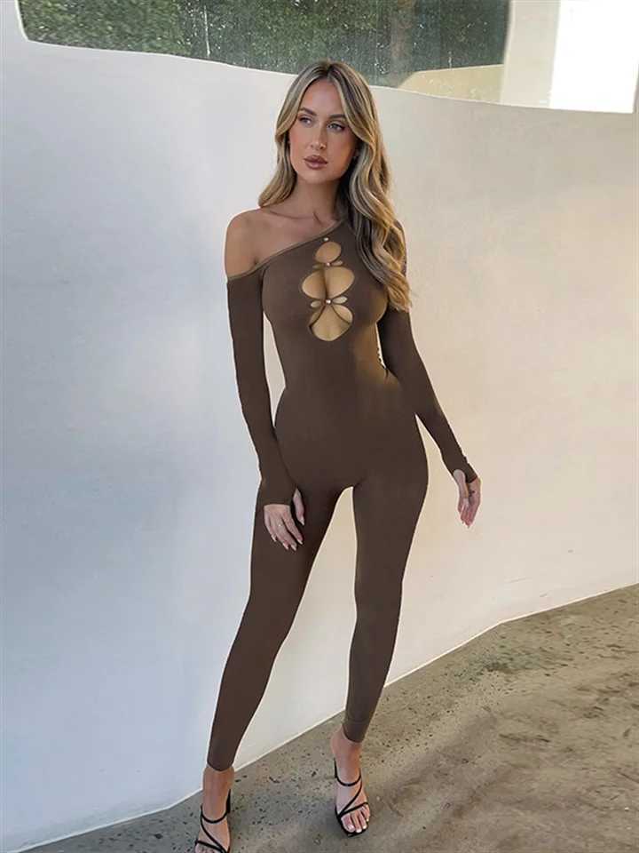Closure Incline Shoulder Women Jumpsuits Solid Sexy Hollow Cleavage Full Sleeve Skinny Overalls Female Trend Attractive One Piece X250318