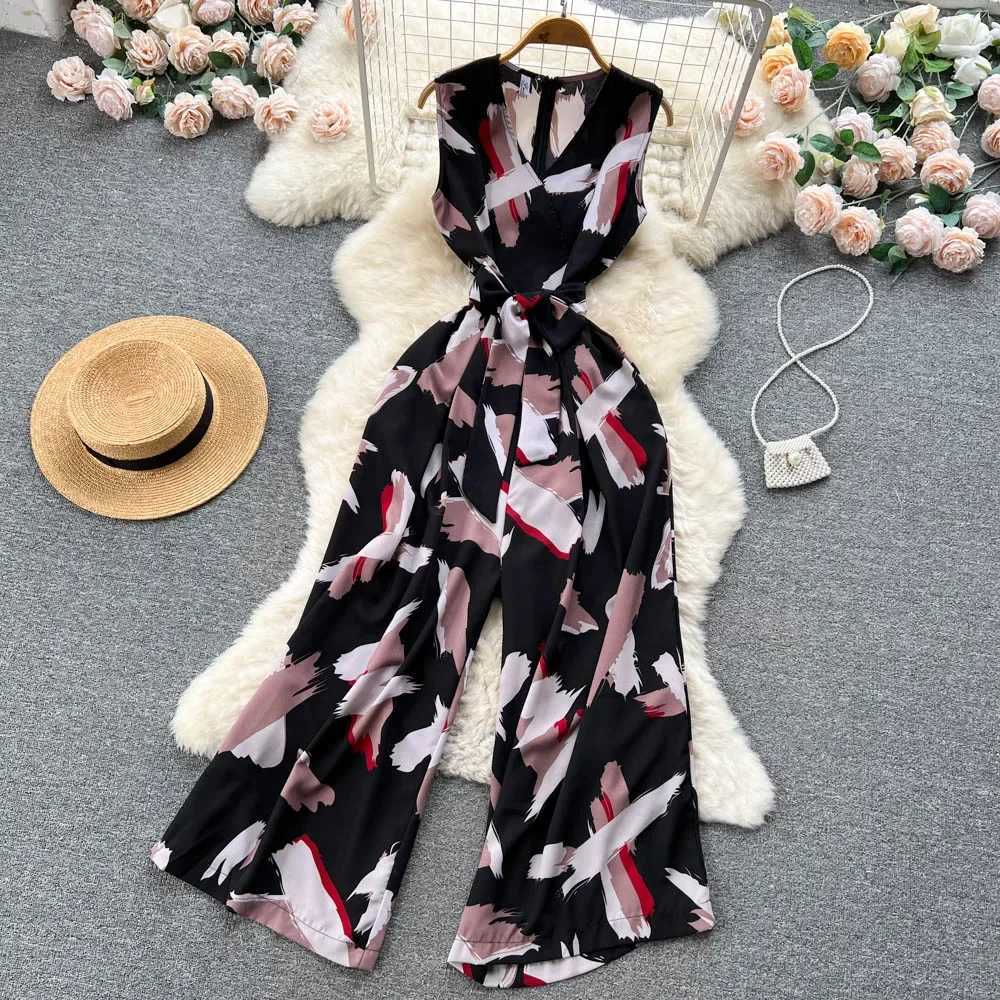 Women Summer Fashion Print Jumpsuits V-neck Slveless Romper Waistband Jumpsuits Euro Style Ladies Loose Leg Pants Overalls X250318