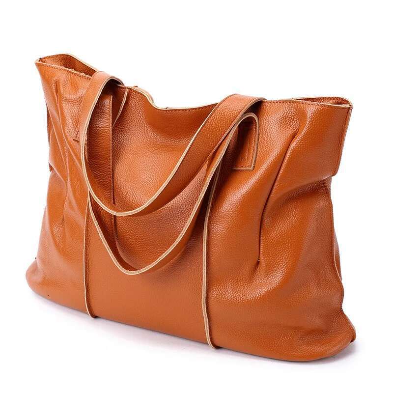 100% Genuine Leather Handbags Large Capacity Women Shoulder Bag Retro Tote Purse High Quality Hobos Brown Travel Shopping Bags