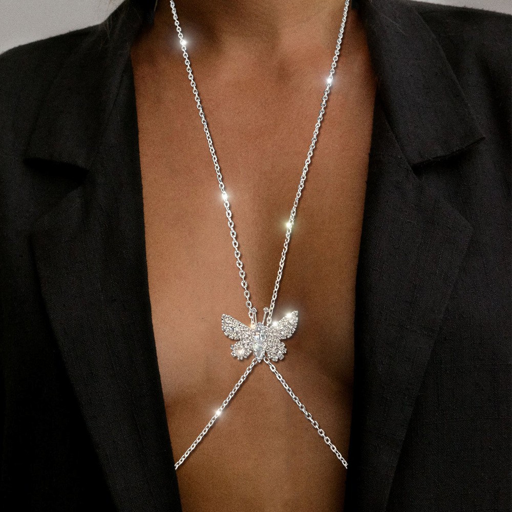 Stage Wear Dance Accessories Sexy butterfly body chain, European and American rhinestone clothing chain, chest chain, summer beach sparkling diamond b