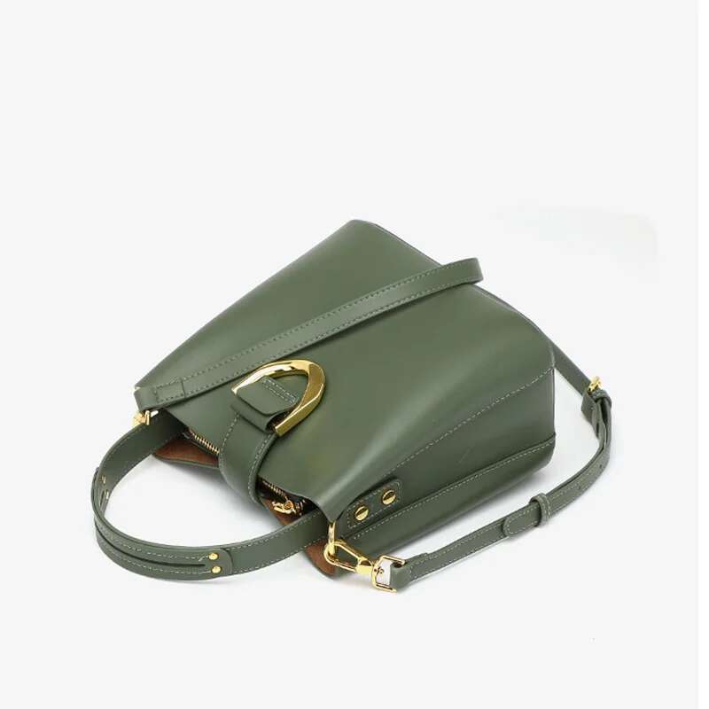 2023 New Fashion Women Bucket Bag High Quality Handbags Genuine Leather Shoulder Bags Cowskin Female Small Casual Totes Green