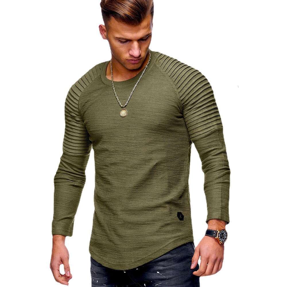 Military green solid color slim fit round neck long sleeved personalized fashionable pleated shoulder sleeves men's sports T-shirt, 2025 new styl