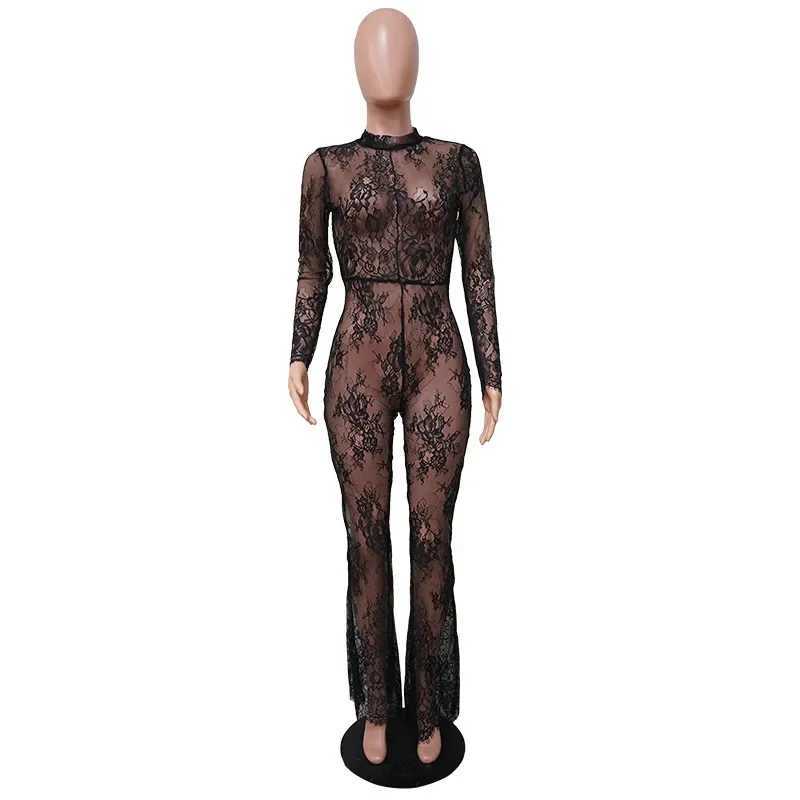DRC long one-piece wide leg jumpsuit womens summer fashion black lace see through sexy nightclub set X250318
