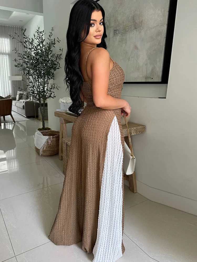 Beyprern womens patch work spaghetti shoulder strap knit wide leg jumpsuit one-piece set nightclub womens exercise set X250318
