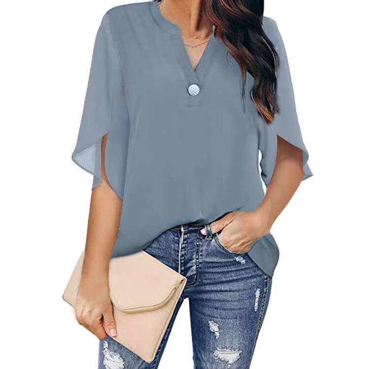 Women's short sleeved elegant casual solid color V-neck chiffon shirt for women 2024 new model