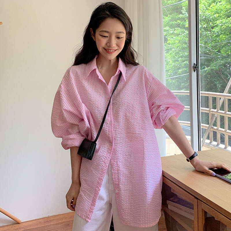 2022 Spring and Autumn Season New Korean Chic Lapel Single breasted Texture Checkered Loose Sun proof Mid length Shirt for Women