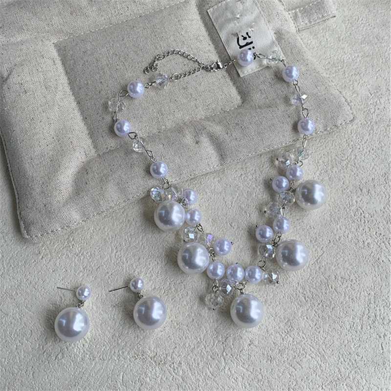 Xiaoluoke Retro Multi Pendant Imitation Pearl Crystal Bead Necklace Womens Elegant Earring Set Jewelry W250318