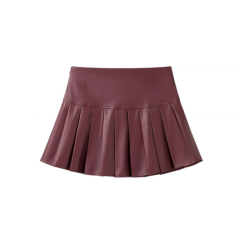 Willshela Women Fashion PU Wine Red Pleated Side Zipper Mini Skirt Vintage High Waist Female Chic Lady Skirts 250318