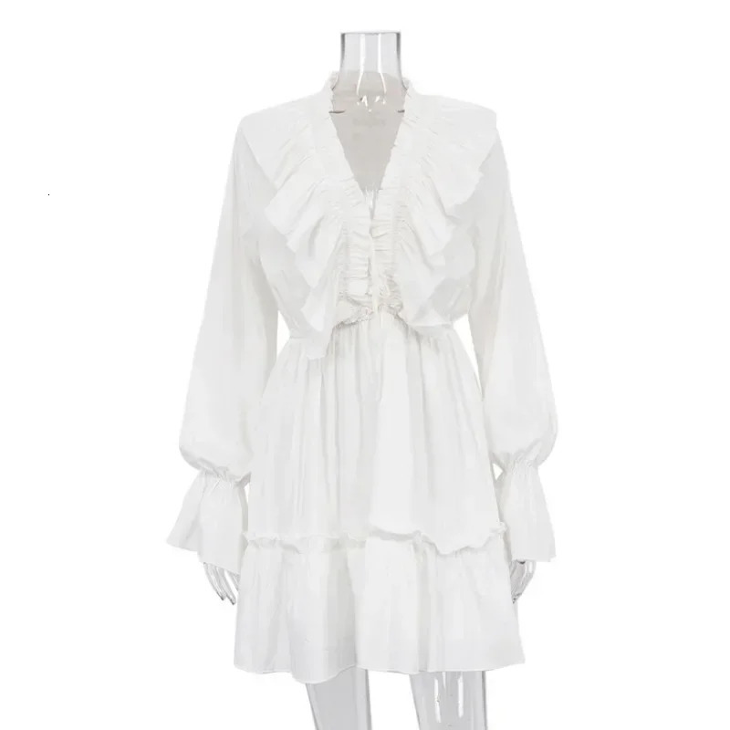 Mandylandy Fashion V-neck Sweat Dress Women Long Sleeve Pleating Bell Sleeve Ruffles White Dress High Waist Ruffle Mini Dress 250314