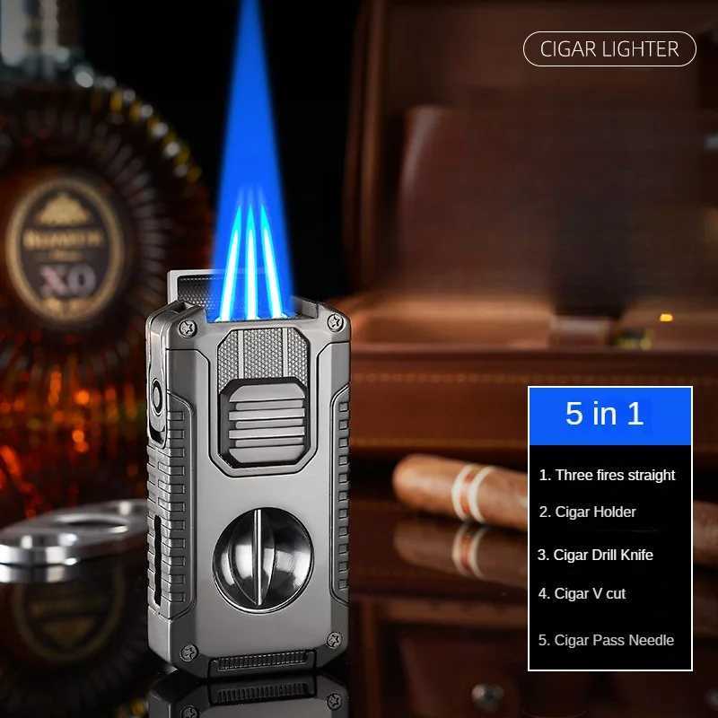 Multifunctional Three-jet Flame Direct Injection Cigar Lighter with Built-in V-shaped Cigar Cutter Portable Five-in-oneC250318