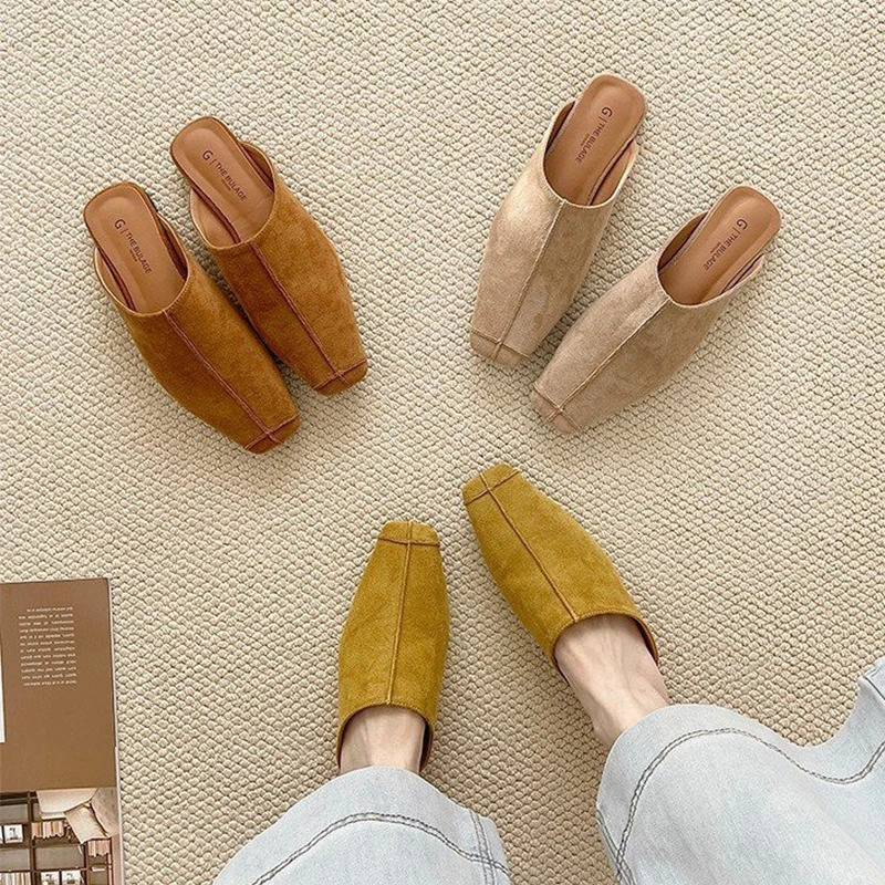 Flats Mules Shoes Square Toe Slippers Suede Sandals Women Summer Casual Comfort Slides Sgback Flip ps De Mujer 250320