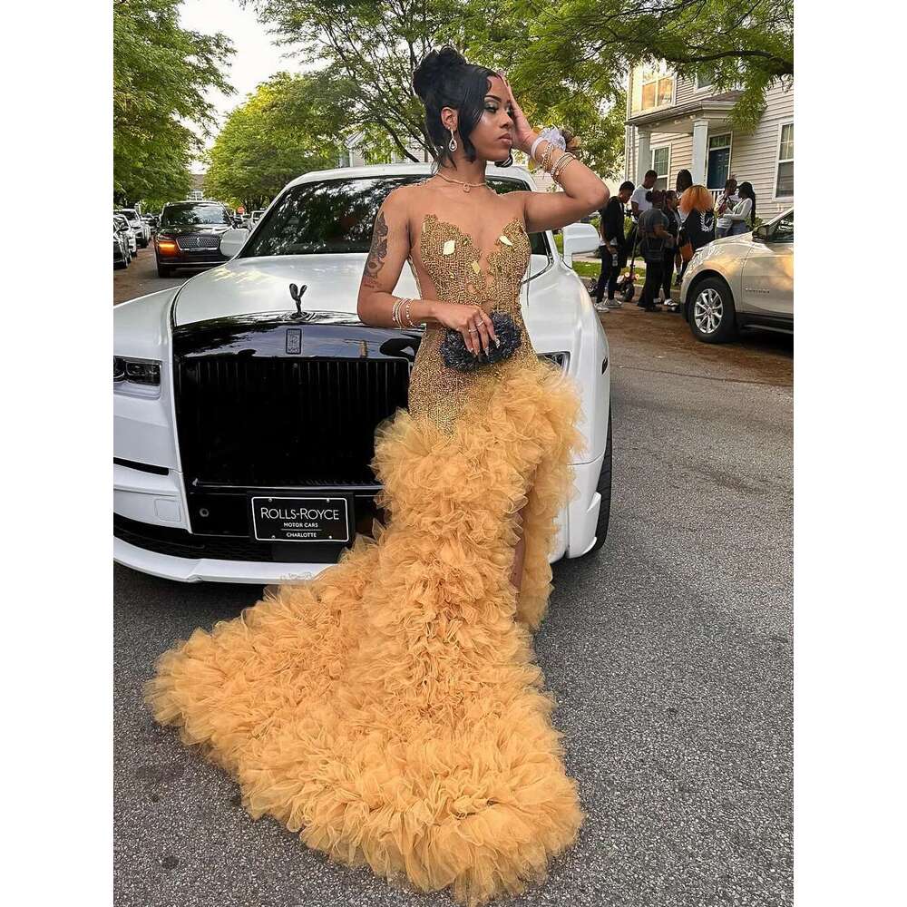 Ruffles Gold Prom Dress 2025 For Black Girl High Slit Sparkly Dia Crystal Long Mermaid Birthday Party Gown Customized Dr0318