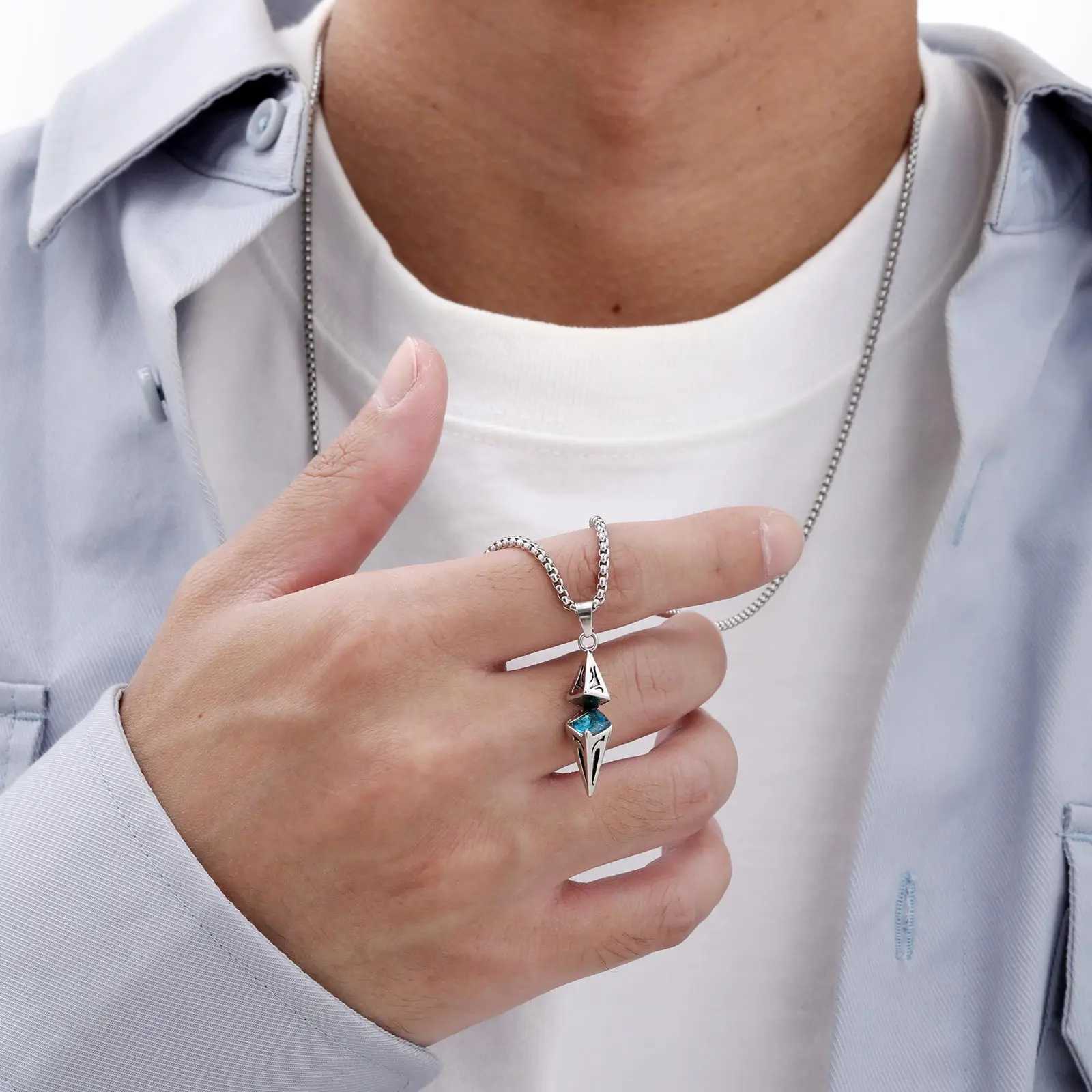 Mens Fashion Blue Stone Necklace Stainless Steel Geometric Pendant Necklace Valentines Day Birthday Party Gift W250318