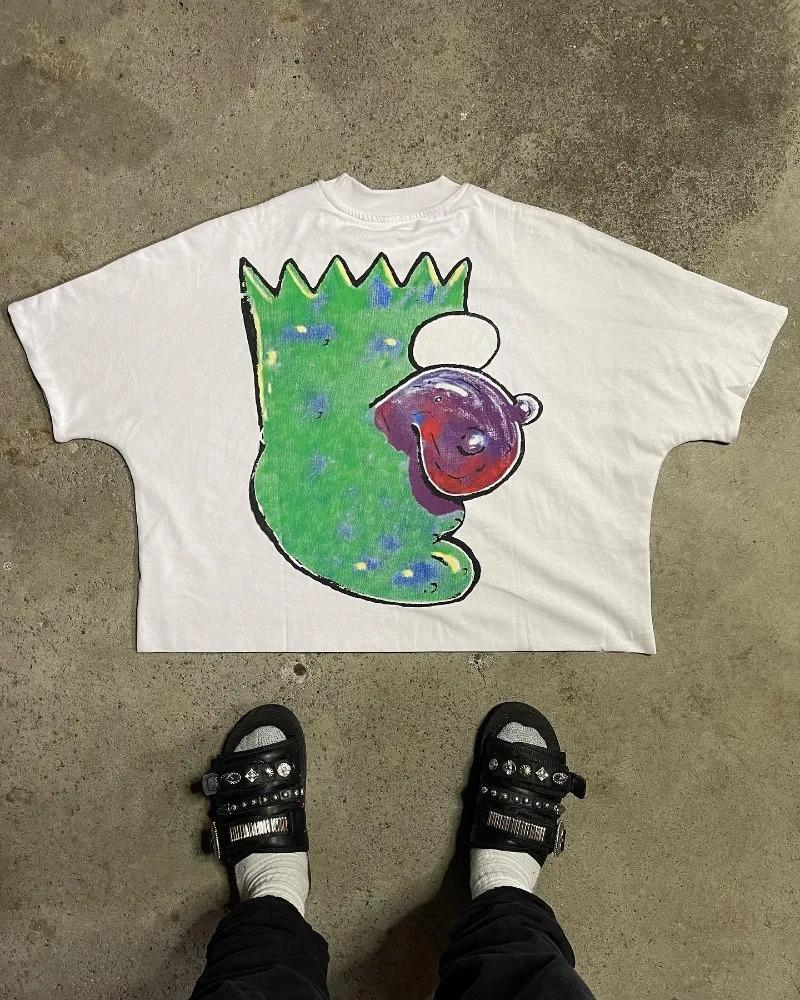 Y2K American vintage cartoon print short sleeve T-shirt Men Harajuku fashion High street couple oversized casual shirt 250318