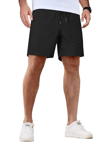 Mens Casual Shorts Waffle Elastic Waist Drawstring Shorts Summer Beach Shorts with Pockets Fashionable solid color