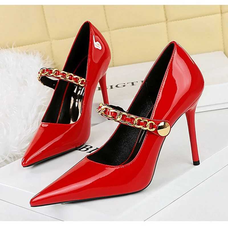 BIGTREE spring metal decorative chain text pump elegant buckle strap thin H party shoes Zapatos unprinted good product Y250317