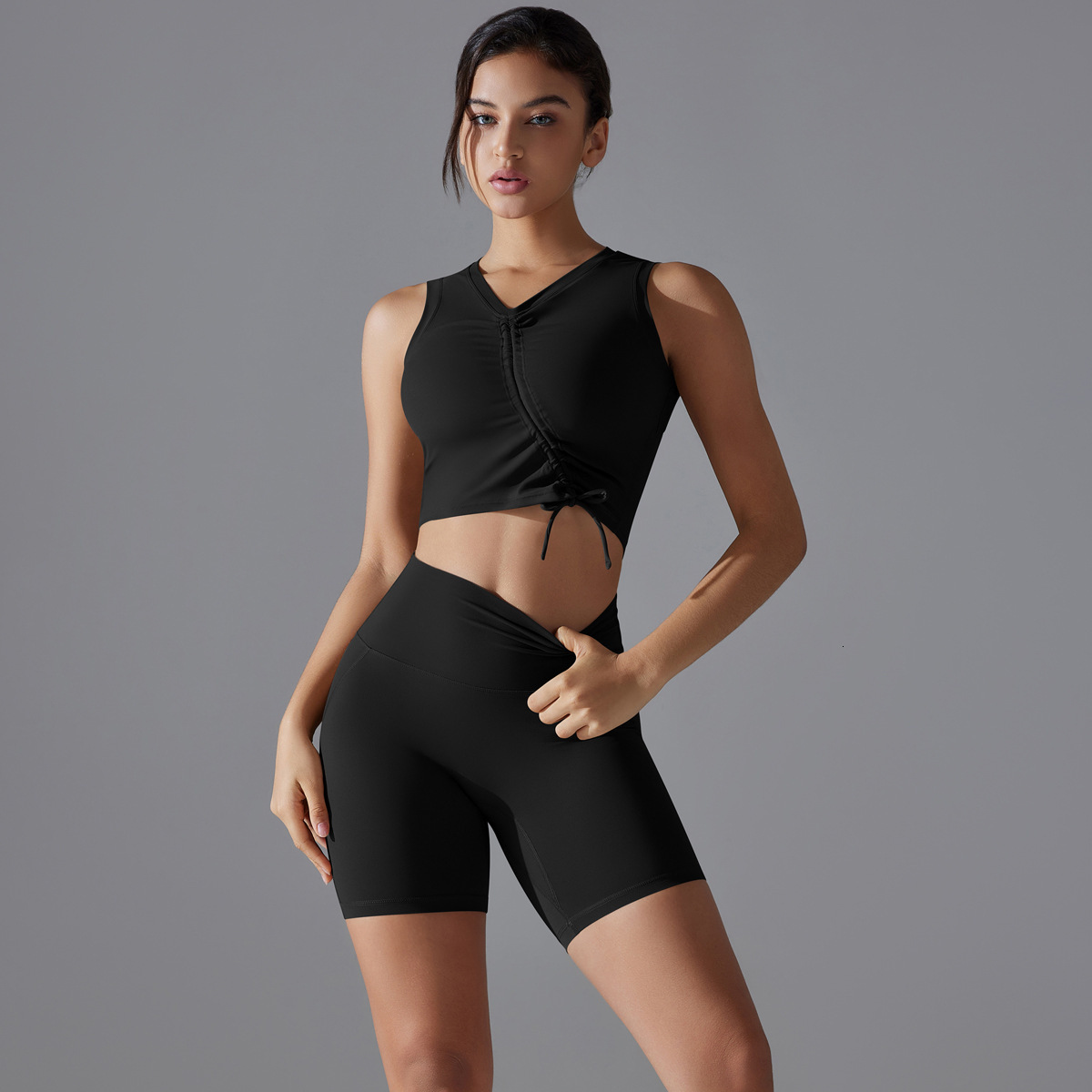 New tracksuit solid color sexy drawstring sports bra suit set, running fitness antibacterial yoga shorts two-piece set leggings