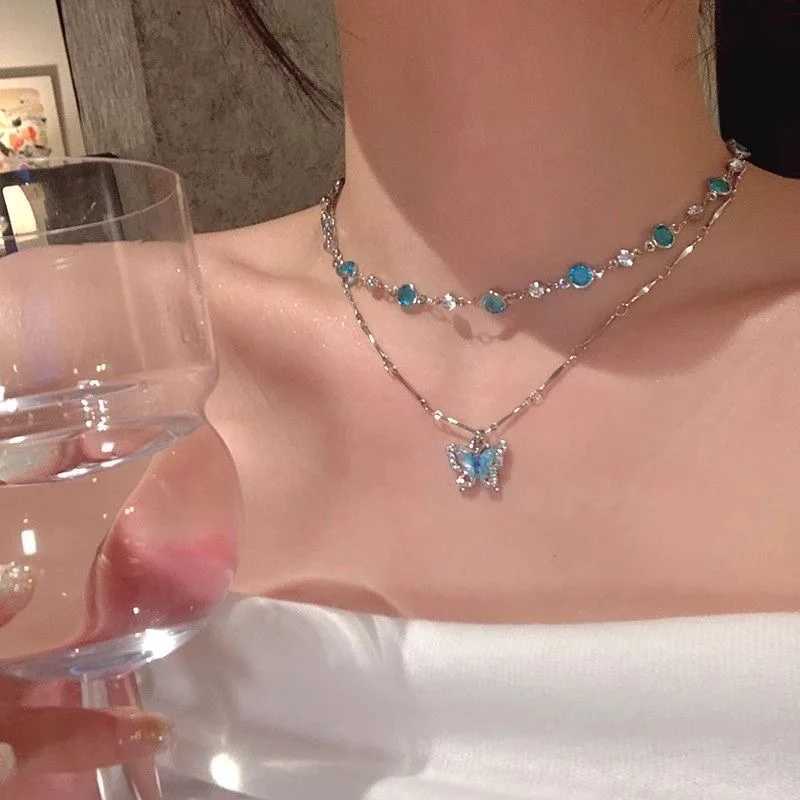 Exquisite Luxury Crystal Zircon Butterfly Necklace for Women Elegant Double Layer Clavicle Chain Choker Party Wedding Jewelry W250318