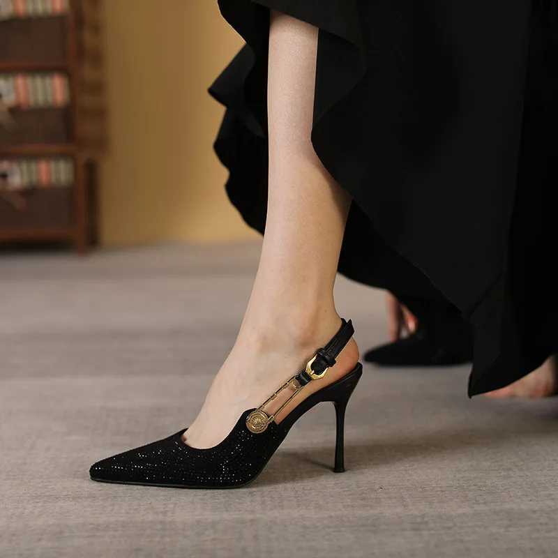Summer New Pointy Black Dinner Diamd High Heel Thin Heel Sensual Shallow Sandals Y250317